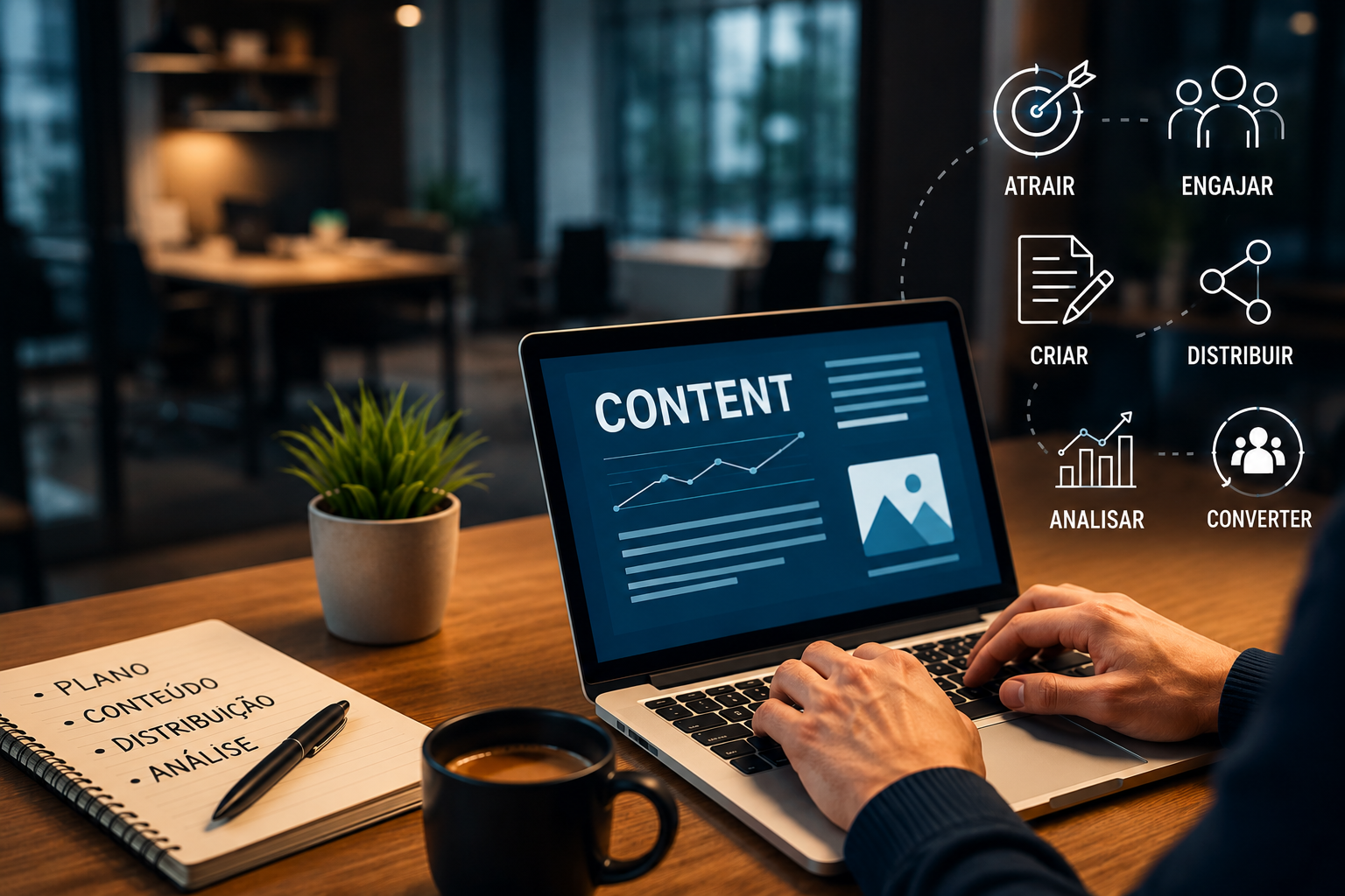 Imagem ilustrativa para o artigo sobre Marketing de Conteúdo. A imagem mostra um uma pessoa escrevendo algumas observações na frente do computador.